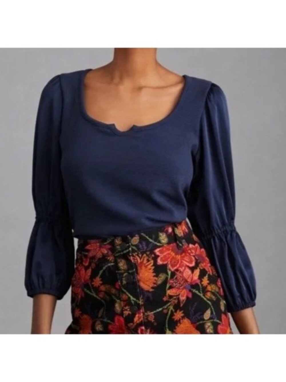 Maeve Navy Scoop Neck Puff Sleeve Top